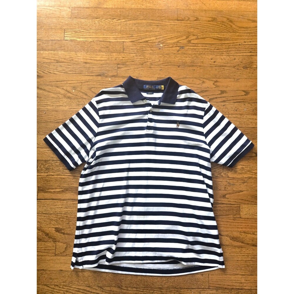 Polo Ralph Lauren Mens Large Blue White Striped Short Sleeve Polo Shirt Coastal
